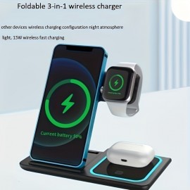 3-in-1 Foldable Wireless Fast Charging Station For Mobile Phones/Watch/Wireless Earphones And Other Devices Wireless Charging Configuration Night Atmosphere Light, 15W Wireless Fast Charging