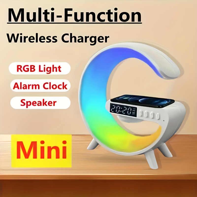 1pc smart big g colorful speaker atmosphere light audio clock alarm wireless mobile phone charger night light desktop decoration creative night light speaker desktop small alarm four in one multi function usb charging night light details 1