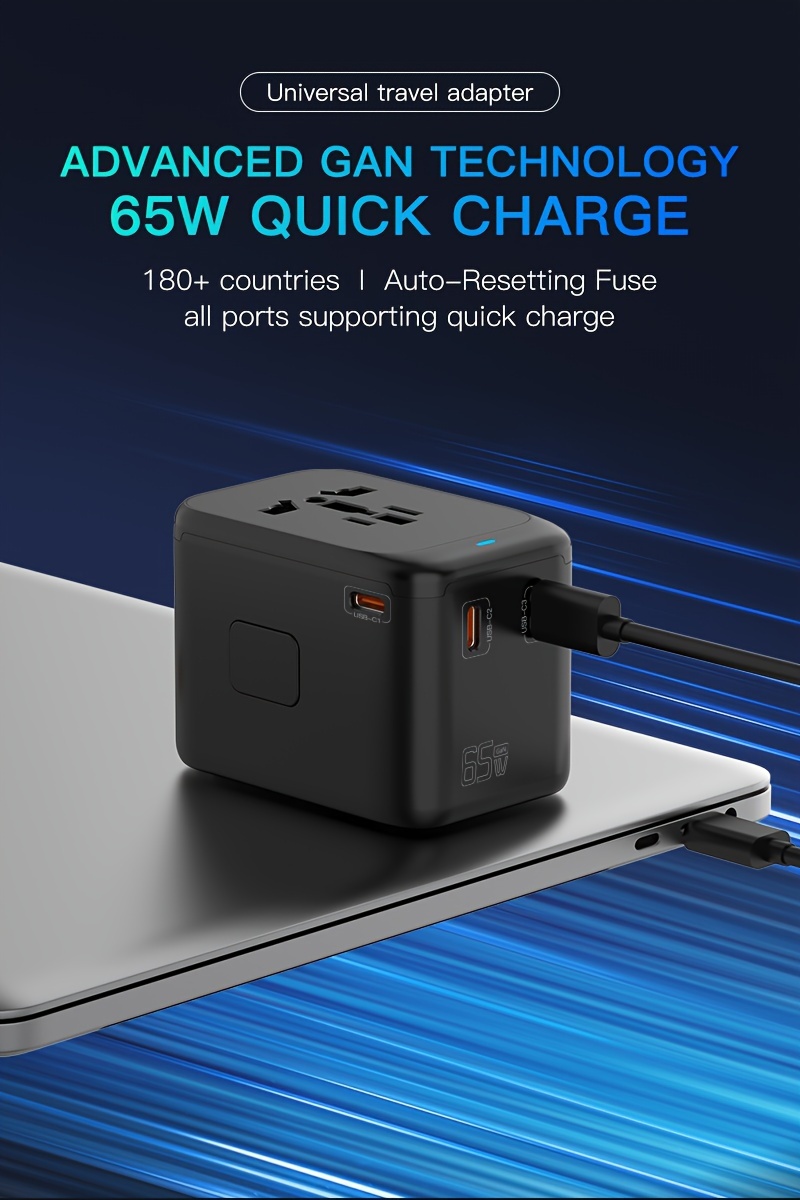 universal travel adapter 65w gan iii travel plug adapter with uk eu au us plugs 3usb c pd 1usb a qc worldwide international adapter charger international converter for laptops tablets phones details 0