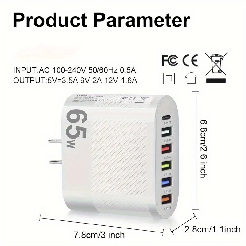 65w fast charging for all phones quick charge with multi port pd 5usb adapter details 1